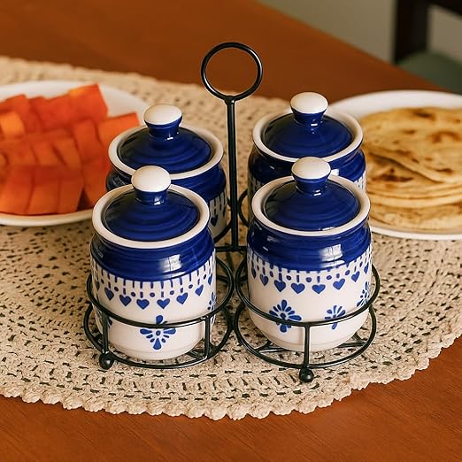 Ceramic Blue floral heart print pickle jar set of 4 with metal tray