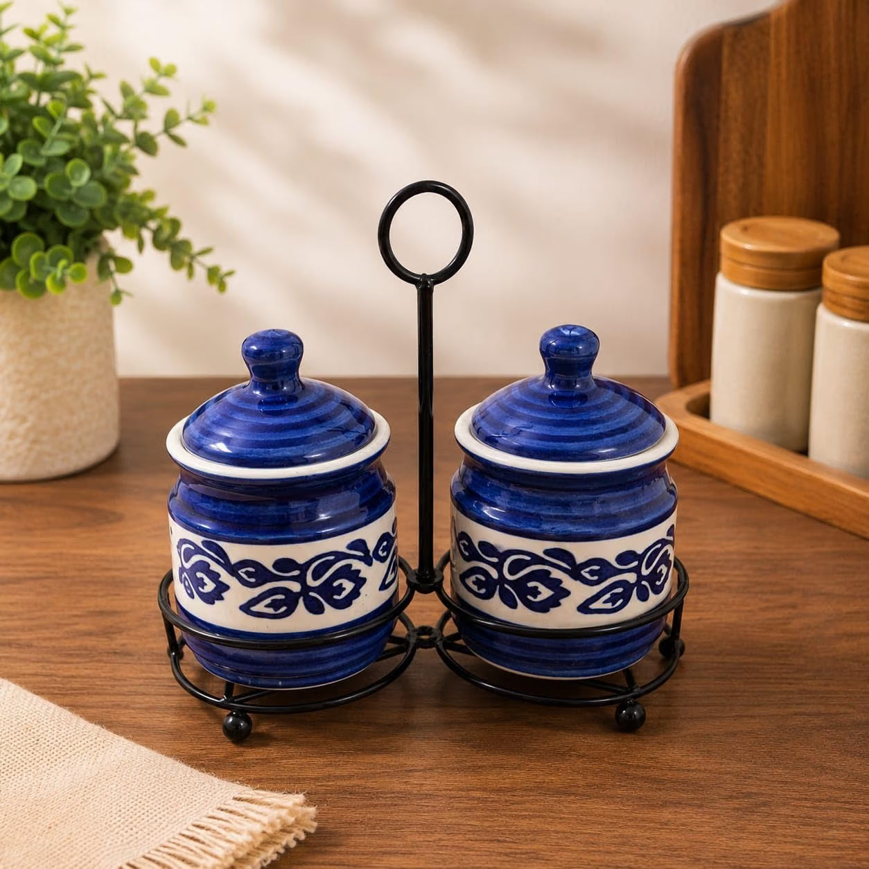 Niyara Blue Floral Design Pickle set of 2 with metal tray