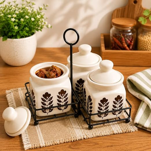 Ceramic Dark Flower Pickle jar set of 3 with metal tray