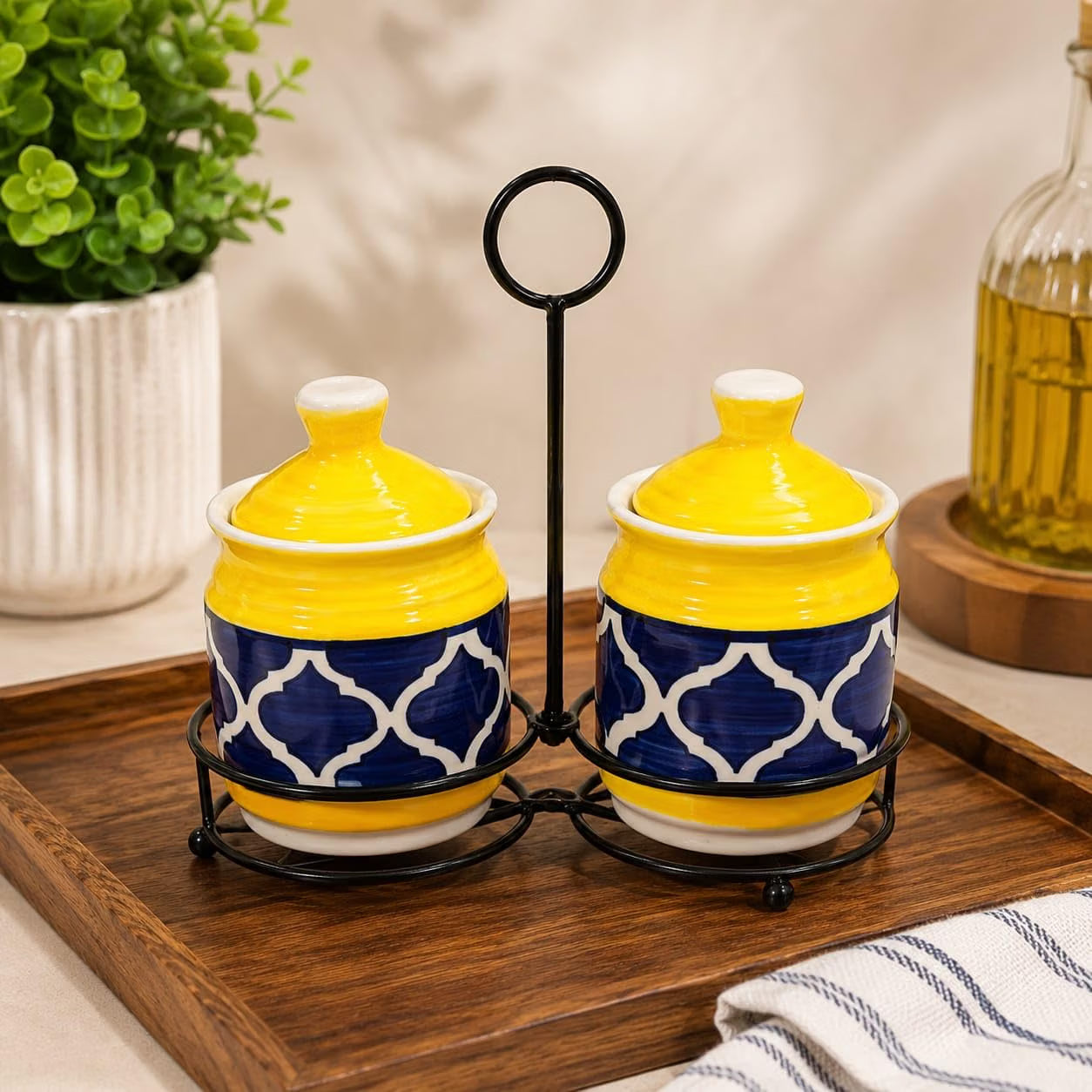 Niyara Yellow Morroccan design pickle set of 2 with metal tray