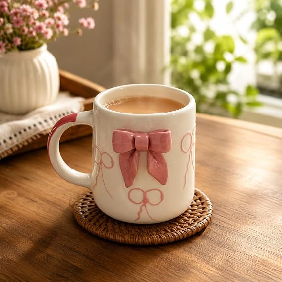 3D Pink Bow Design Ceramic Coffee Mugs Set of 2 | White Tea Cups with Raised Ribbon Pattern | Cute Designer Mugs for Tea, Coffee, Milk & Gifting