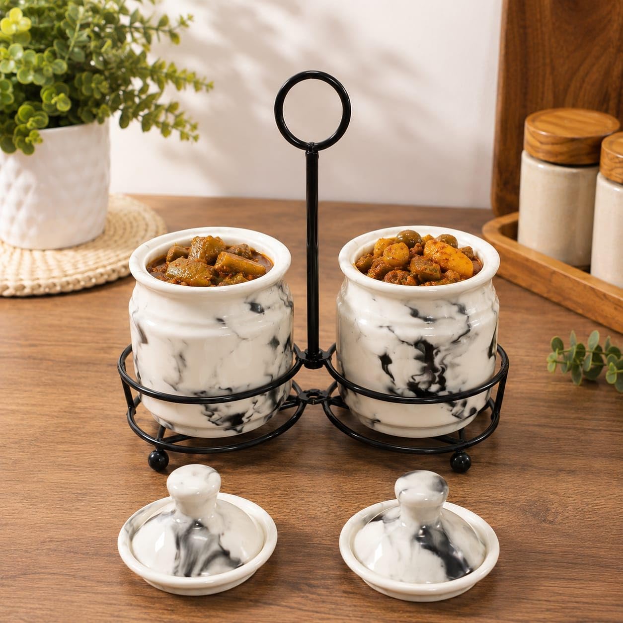 Niyara Marble design pickle set of 2 with metal tray