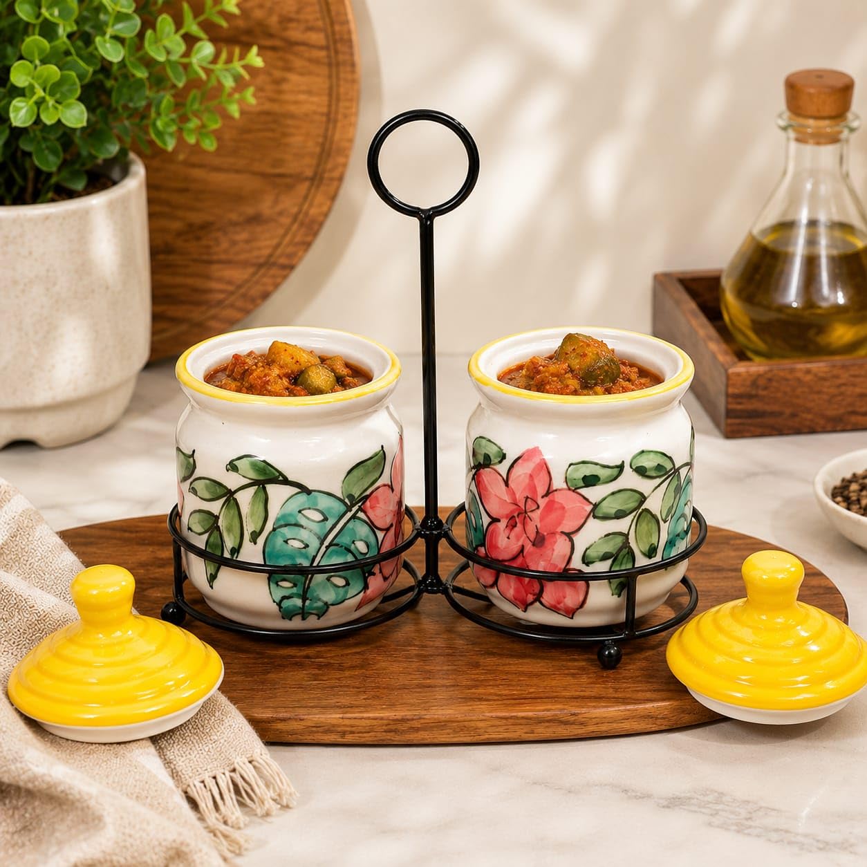 Niyara Yellow Flower pickle set of 2 with metal tray