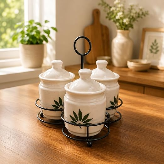 Ceramic green leaf jar set of 3 with metal tray