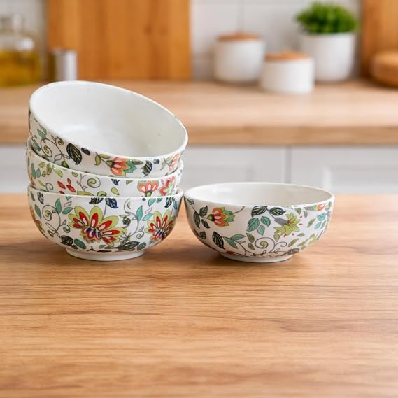 Multicolour Floral Printed Ceramic Bowls Set of 4 | Decorative Small Serving Bowls for Snacks, Soup, Cereal, Dessert, Chutney and Dry Fruits