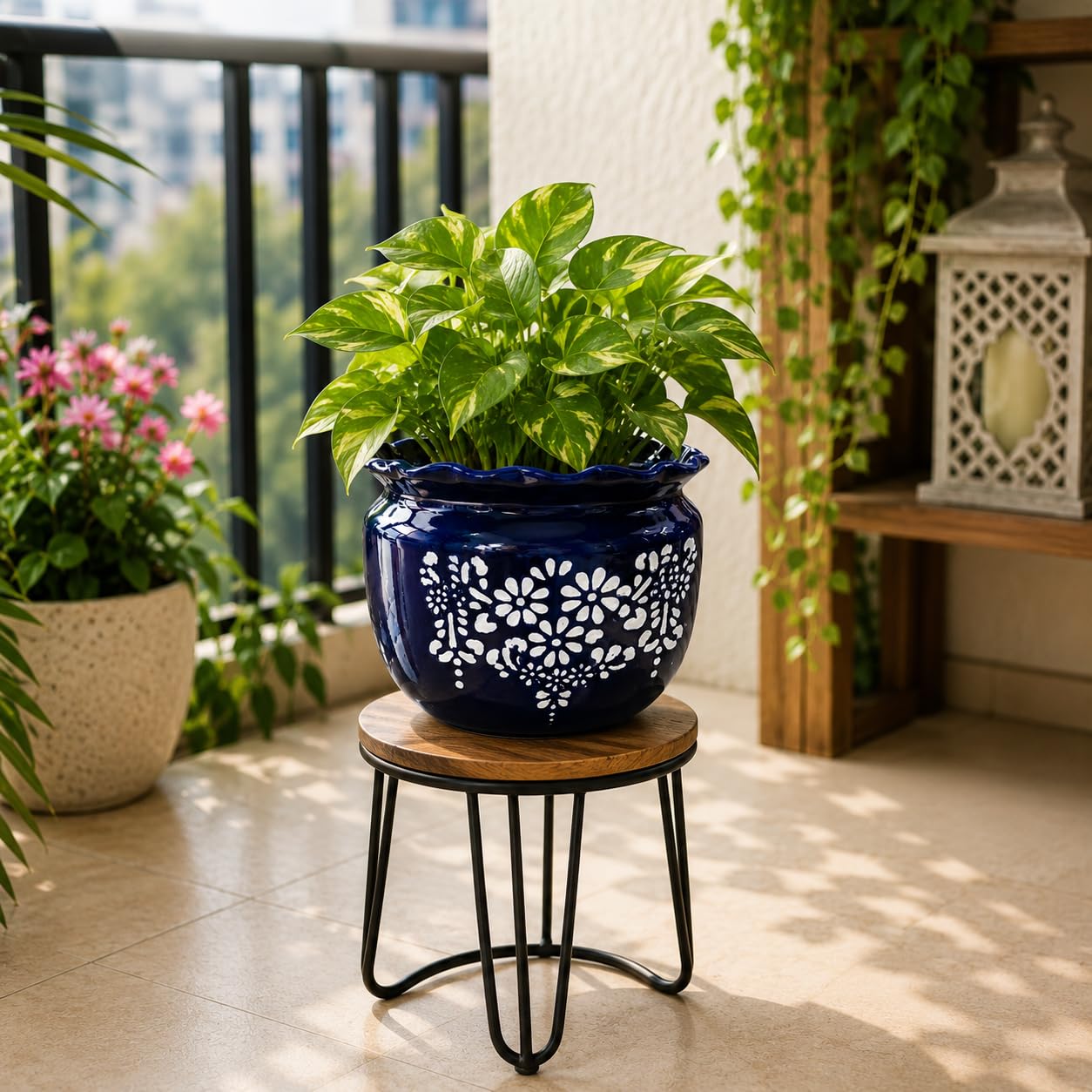Niyara 8-Inch Decorative Ceramic Planter Pot with White Floral Design and Scalloped Rim | Glossy Blue Indoor Flower Pot for Home, Balcony, Office & Table Décor