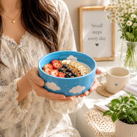 Blue Cloud Printed Ceramic Serving Bowl | Wide Round Multipurpose Bowl for Snacks, Soup, Cereal, Salad, Noodles and Desserts