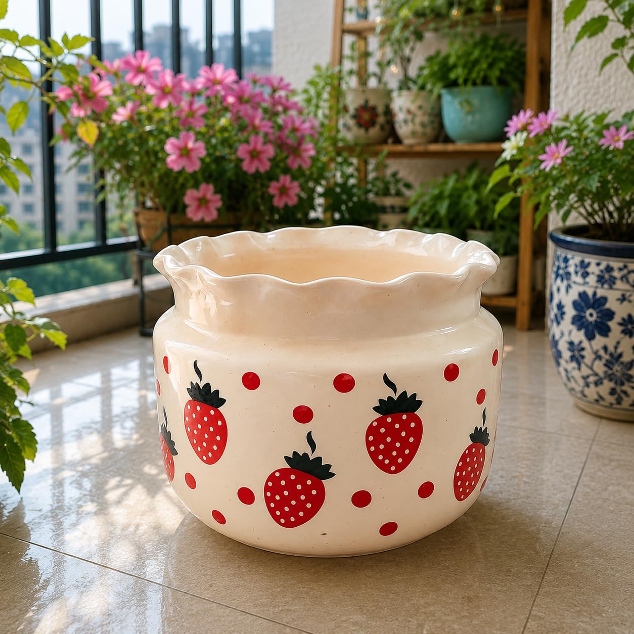 Strawberry Print Ceramic Planter Pot with Scalloped Rim | Decorative Indoor Plant Pot for Living Room, Balcony, Office & Garden (8 INCH POT)