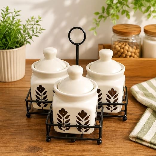 Ceramic Dark Flower Pickle jar set of 3 with metal tray
