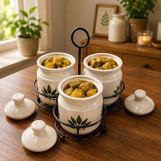 Ceramic green leaf jar set of 3 with metal tray