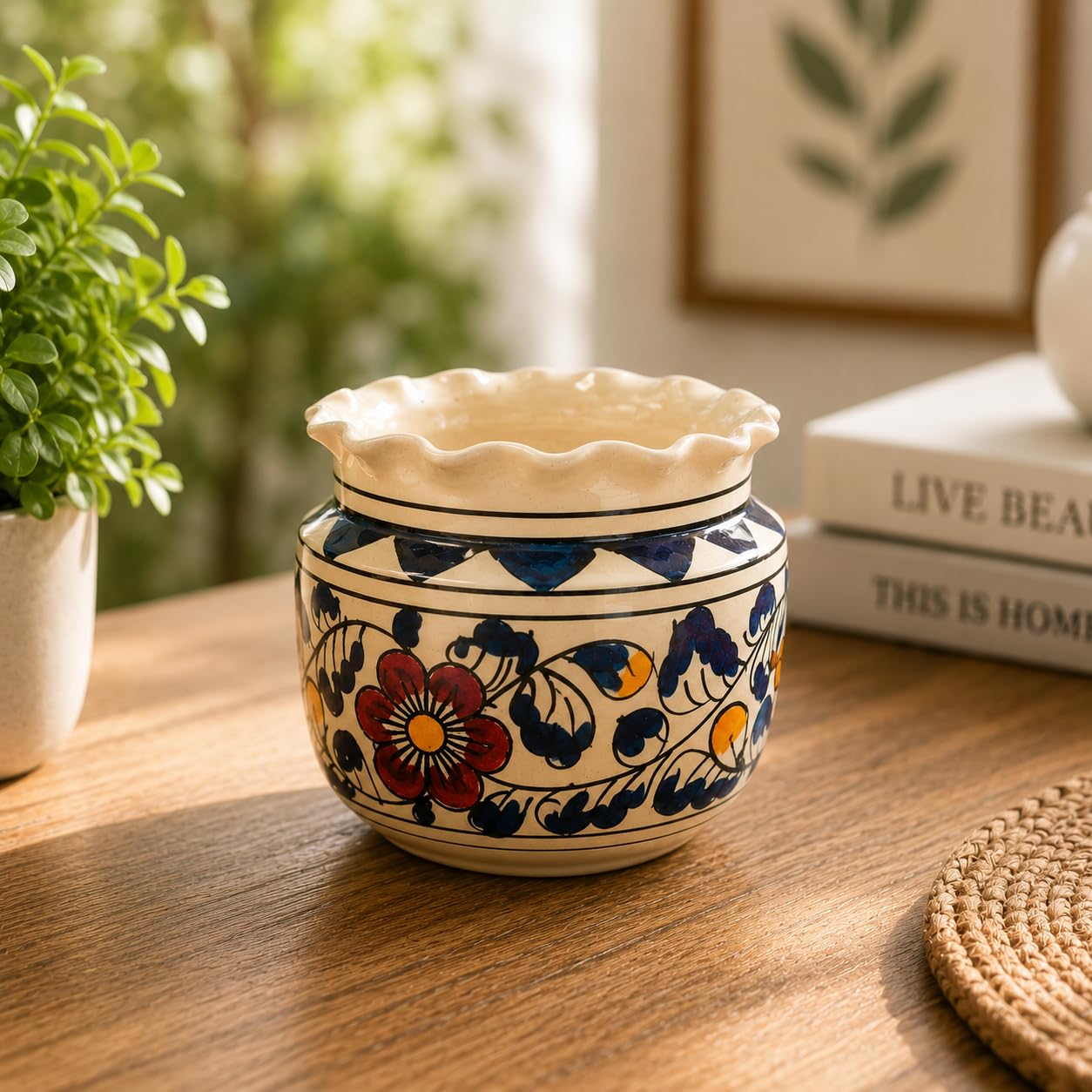 6 Inch Multicolour Floral Print Ceramic Planter Pot with Scalloped Rim | Decorative Indoor Flower Pot for Home, Balcony, Office & Garden