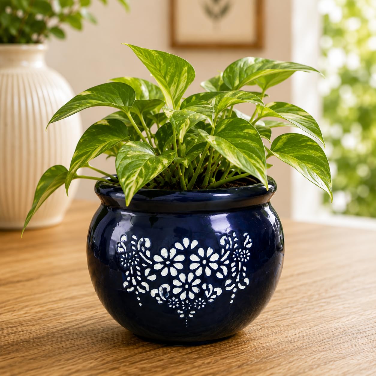 Niyara Decorative Ceramic Planter Pot with White Floral Design | Glossy Blue Indoor Plant Pot for Home, Office, Balcony & Table Décor