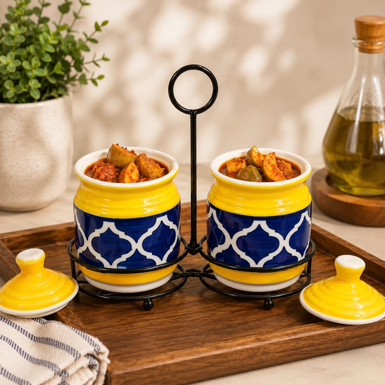 Niyara Yellow Morroccan design pickle set of 2 with metal tray