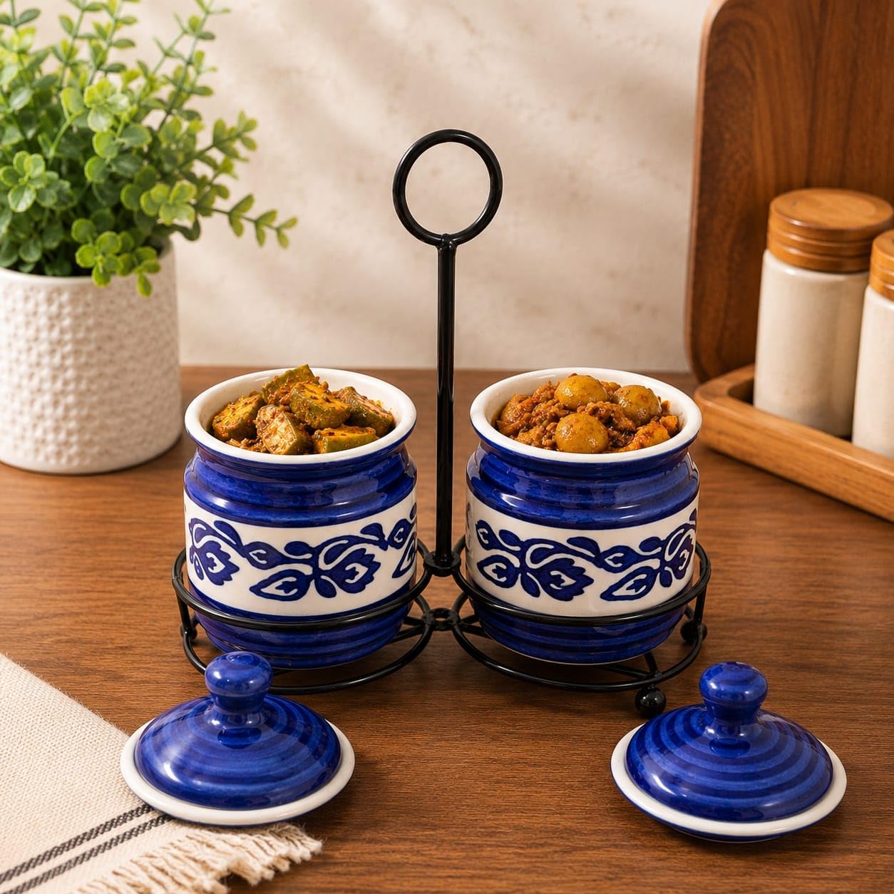 Niyara Blue Floral Design Pickle set of 2 with metal tray