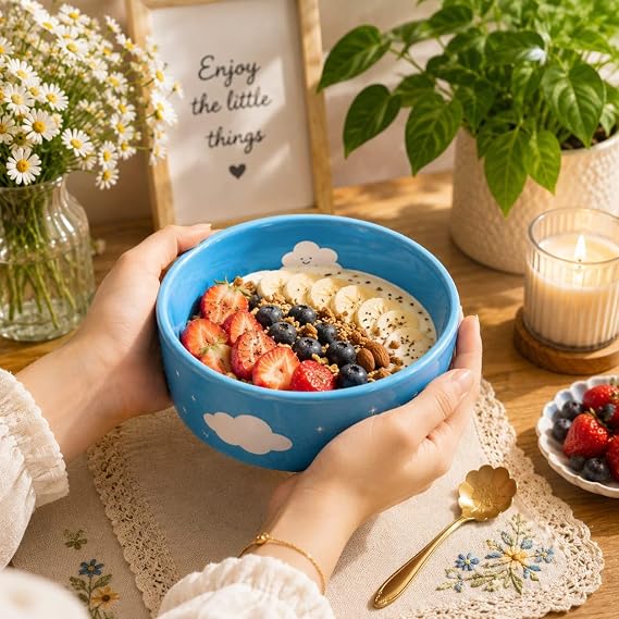 Blue Cloud Printed Ceramic Serving Bowl | Wide Round Multipurpose Bowl for Snacks, Soup, Cereal, Salad, Noodles and Desserts