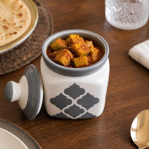 Ceramic Grey chiddi pickle jar set of 4 with metal tray