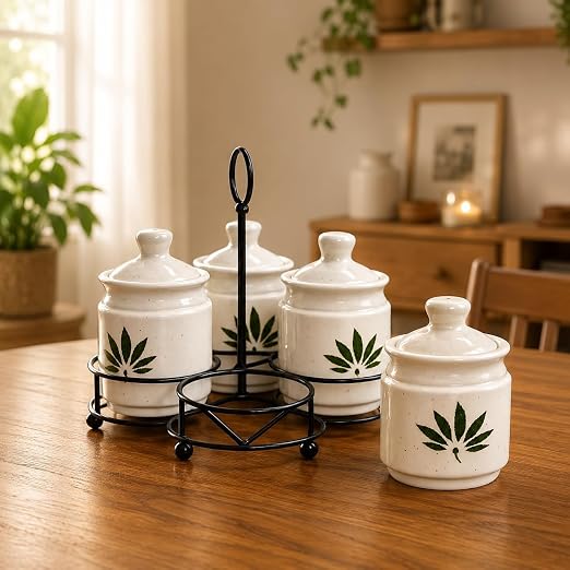Ceramic Green leaf pickle jar set of 4 with metal tray