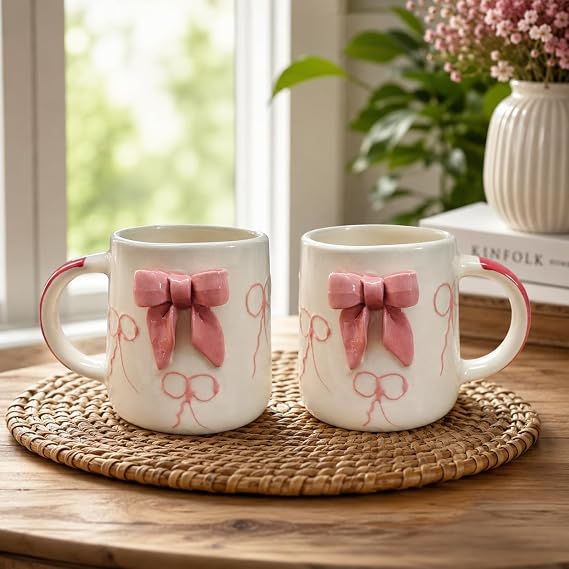3D Pink Bow Design Ceramic Coffee Mugs Set of 2 | White Tea Cups with Raised Ribbon Pattern | Cute Designer Mugs for Tea, Coffee, Milk & Gifting