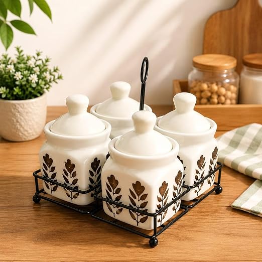 Ceramic Dark Flower Pickle jar set of 4 with metal tray