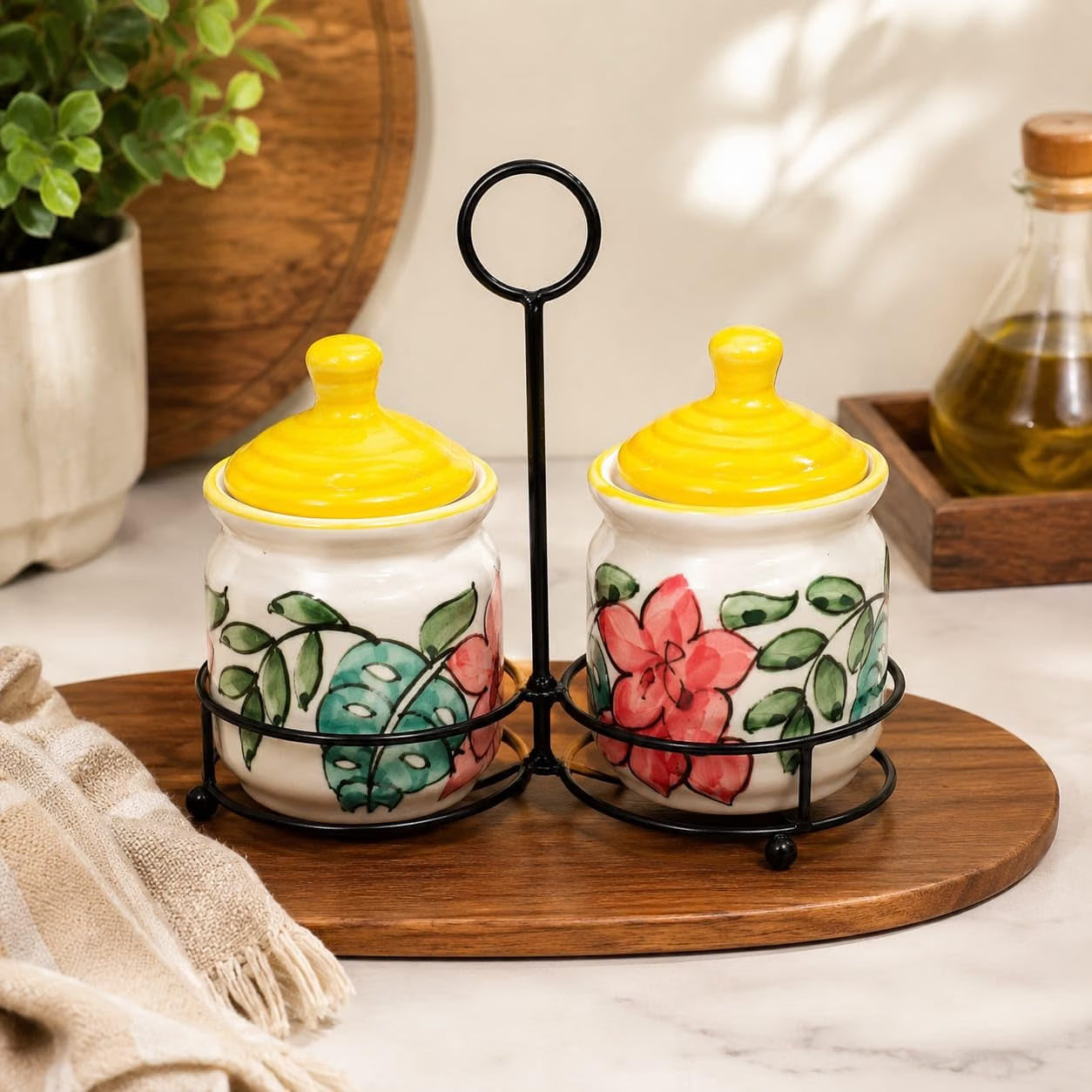 Niyara Yellow Flower pickle set of 2 with metal tray