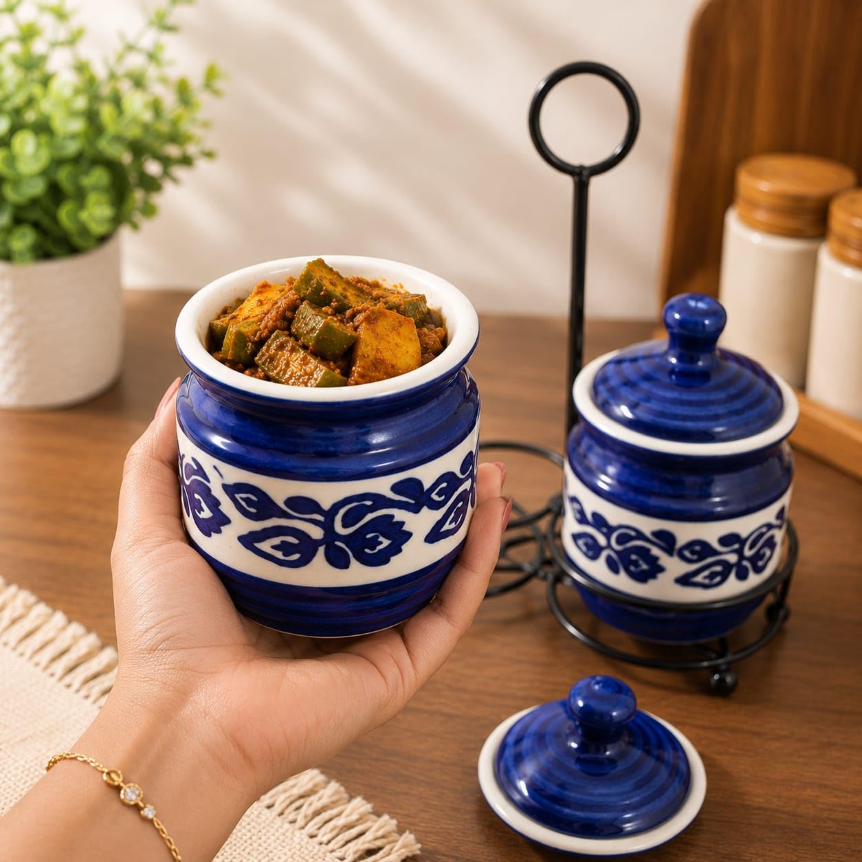 Niyara Blue Floral Design Pickle set of 2 with metal tray