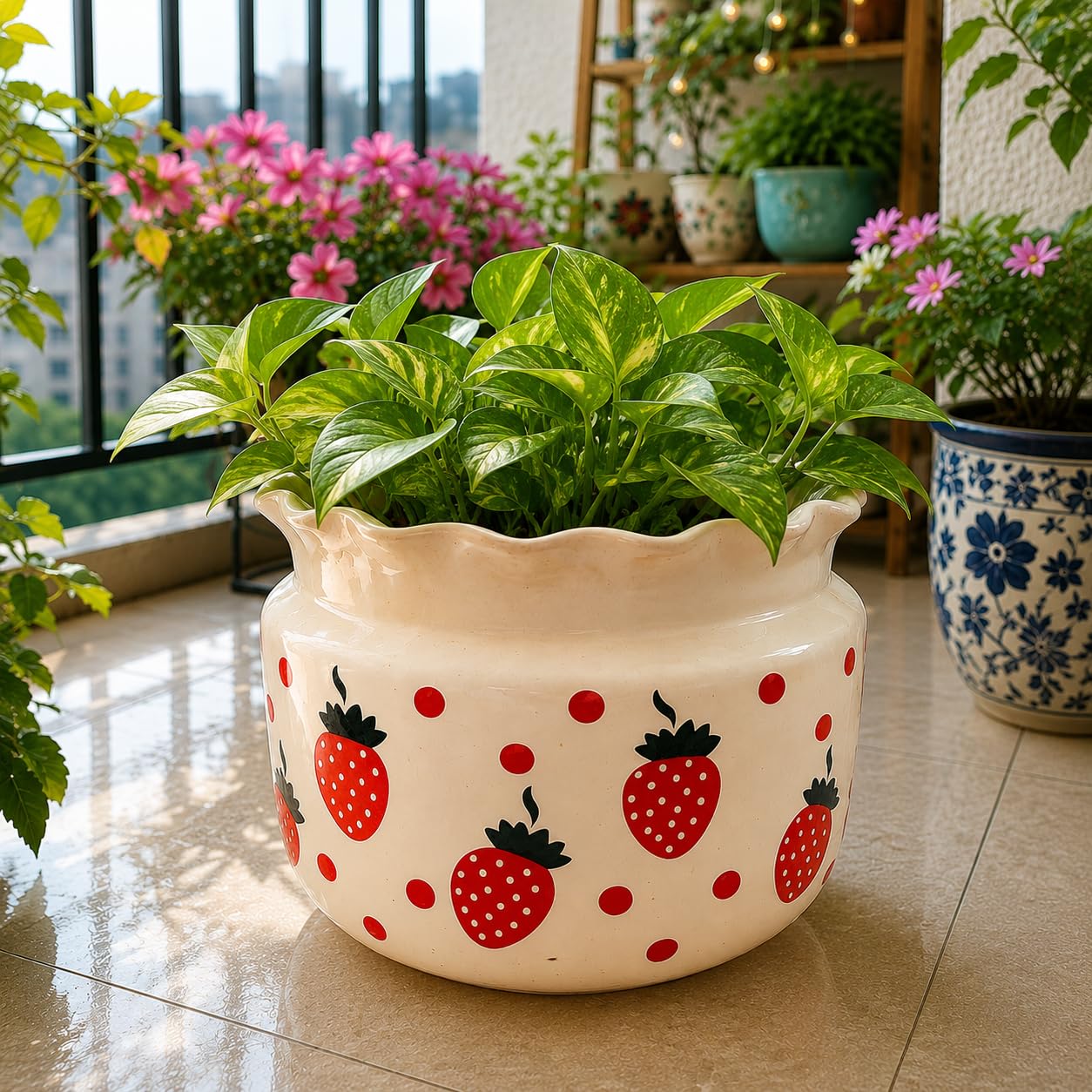 Strawberry Print Ceramic Planter Pot with Scalloped Rim | Decorative Indoor Plant Pot for Living Room, Balcony, Office & Garden (8 INCH POT)