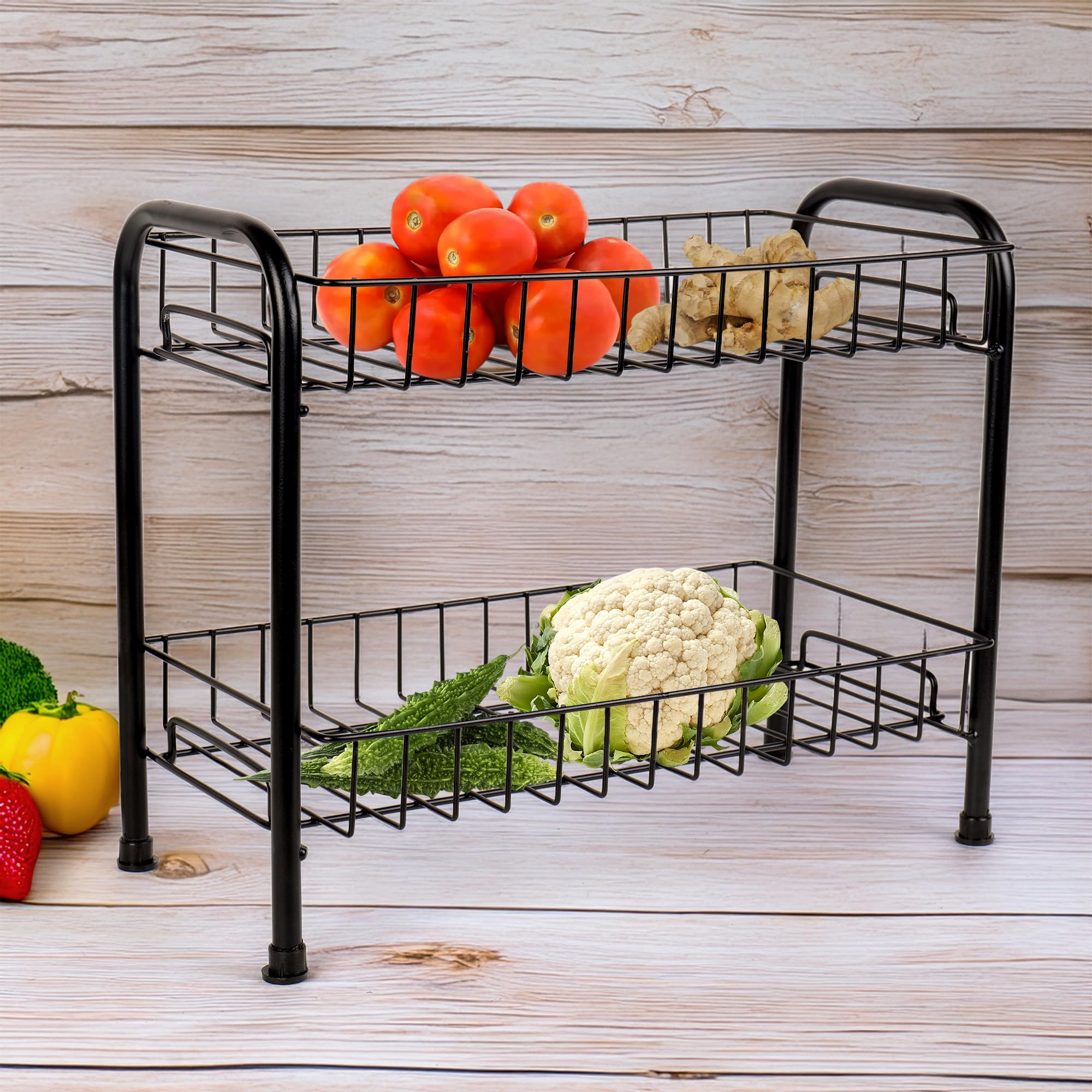 2-Tier black metal fruit basket – Niyara - Main Image
