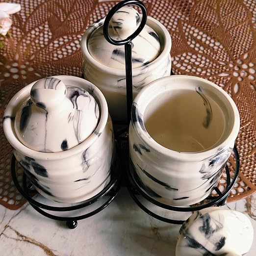Ceramic Marble look pickle jar set of 3 with metal tray