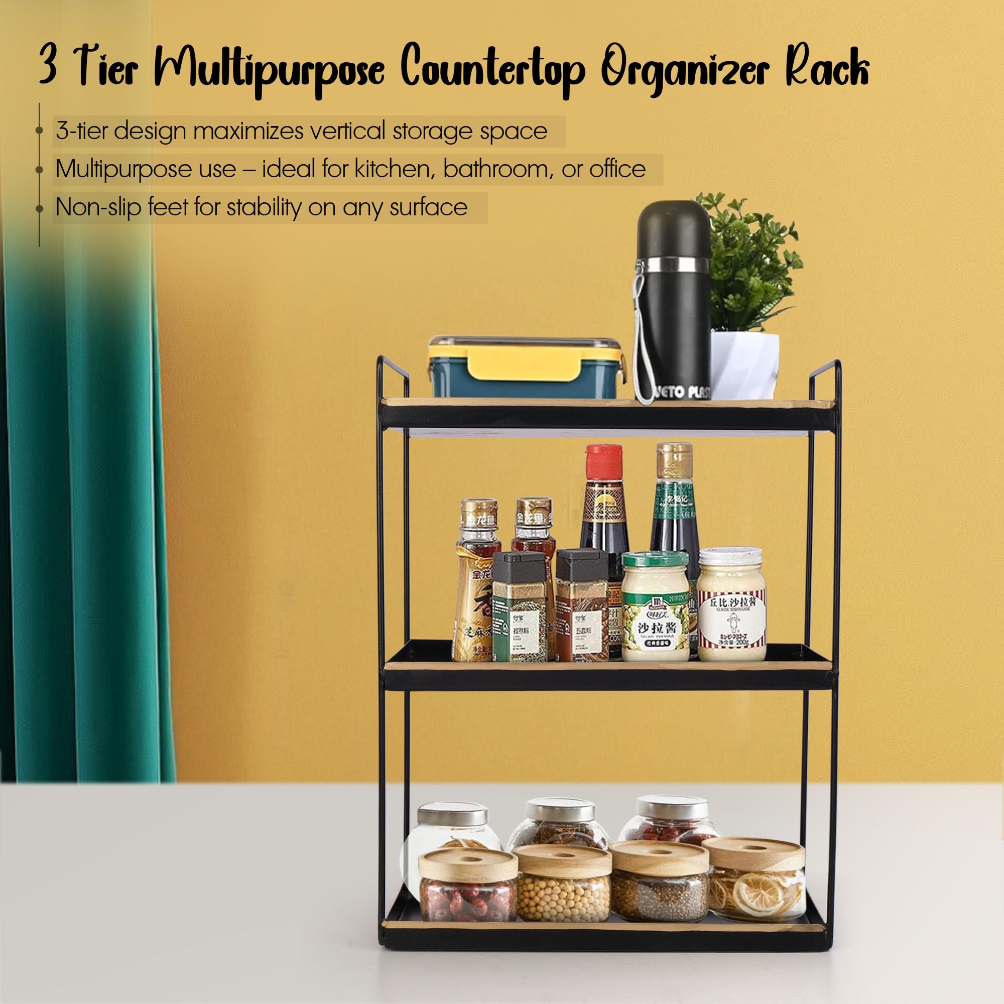 3-Tier Square Black with Golden spice rack