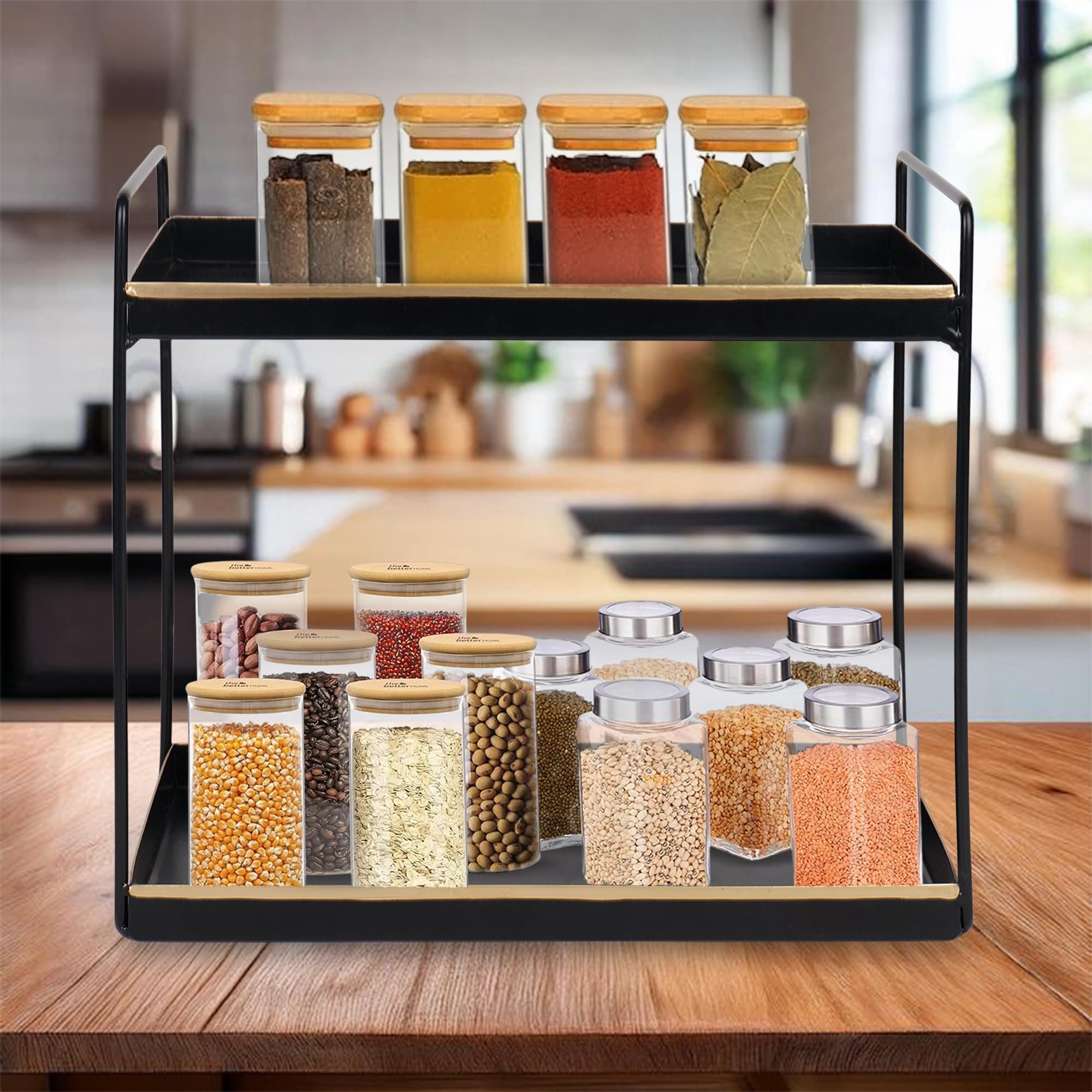 2-Tier Square Black With Golden spice rack