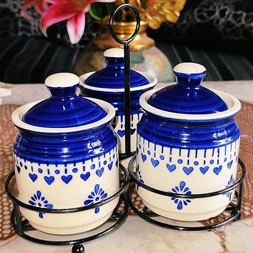 Ceramic Blue floral heart print pickle set of 3 with metal tray