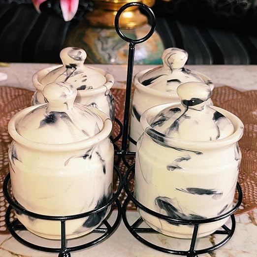 Ceramic Marble look pickle jar set of 4 with metal tray