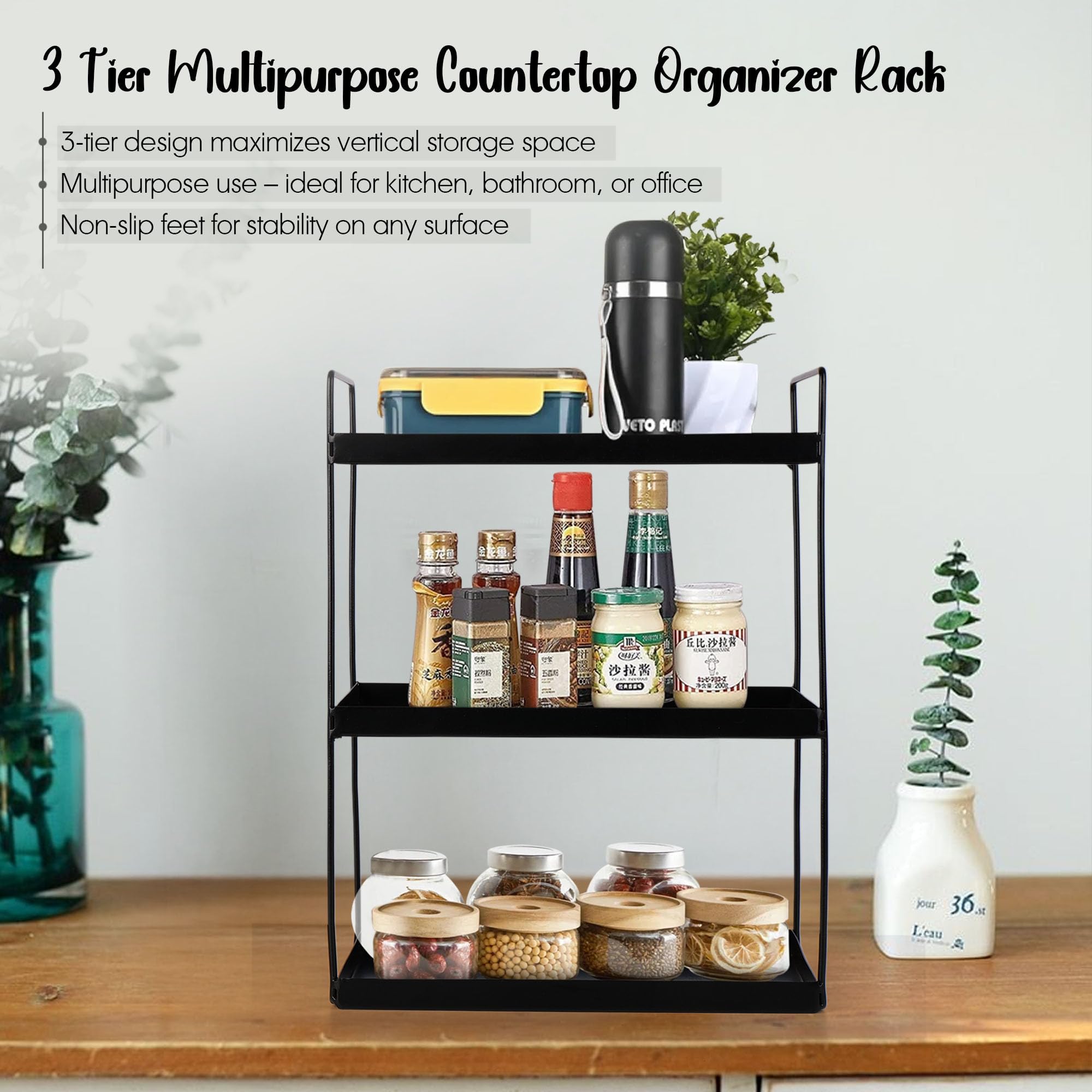 3-Tier Kitchen Spice Rack (Square black rack)