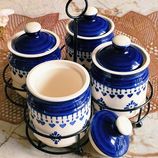 Ceramic Blue floral heart print pickle jar set of 4 with metal tray