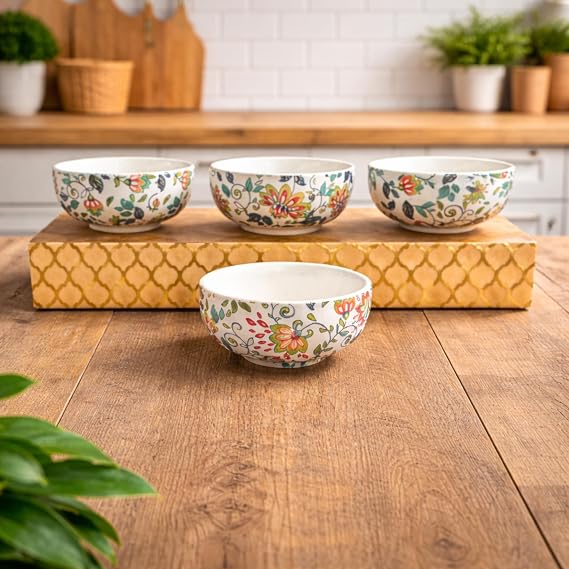 Multicolour Floral Printed Ceramic Bowls Set of 4 | Decorative Small Serving Bowls for Snacks, Soup, Cereal, Dessert, Chutney and Dry Fruits