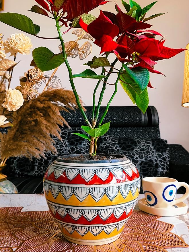 Red mughal print pot 7 inches