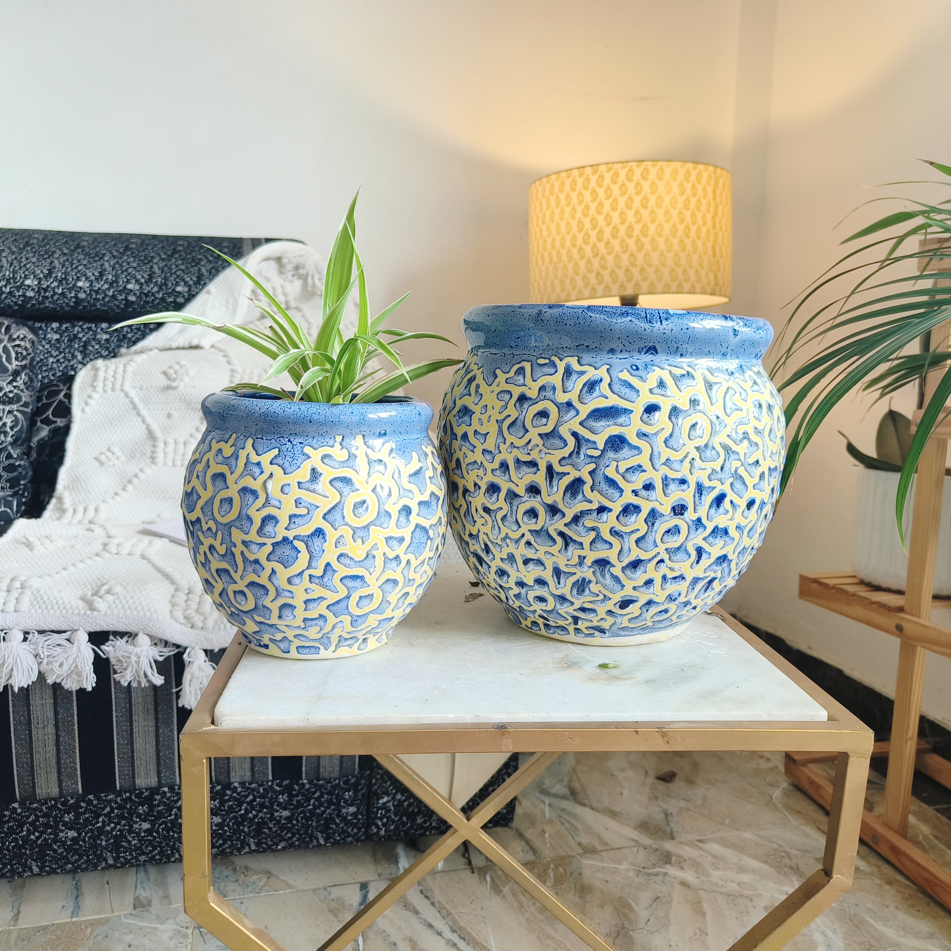 Drop Texture  Handmade  Combo Ceramic planters pot Size- 20 cm and 15 cm Colour-Grey