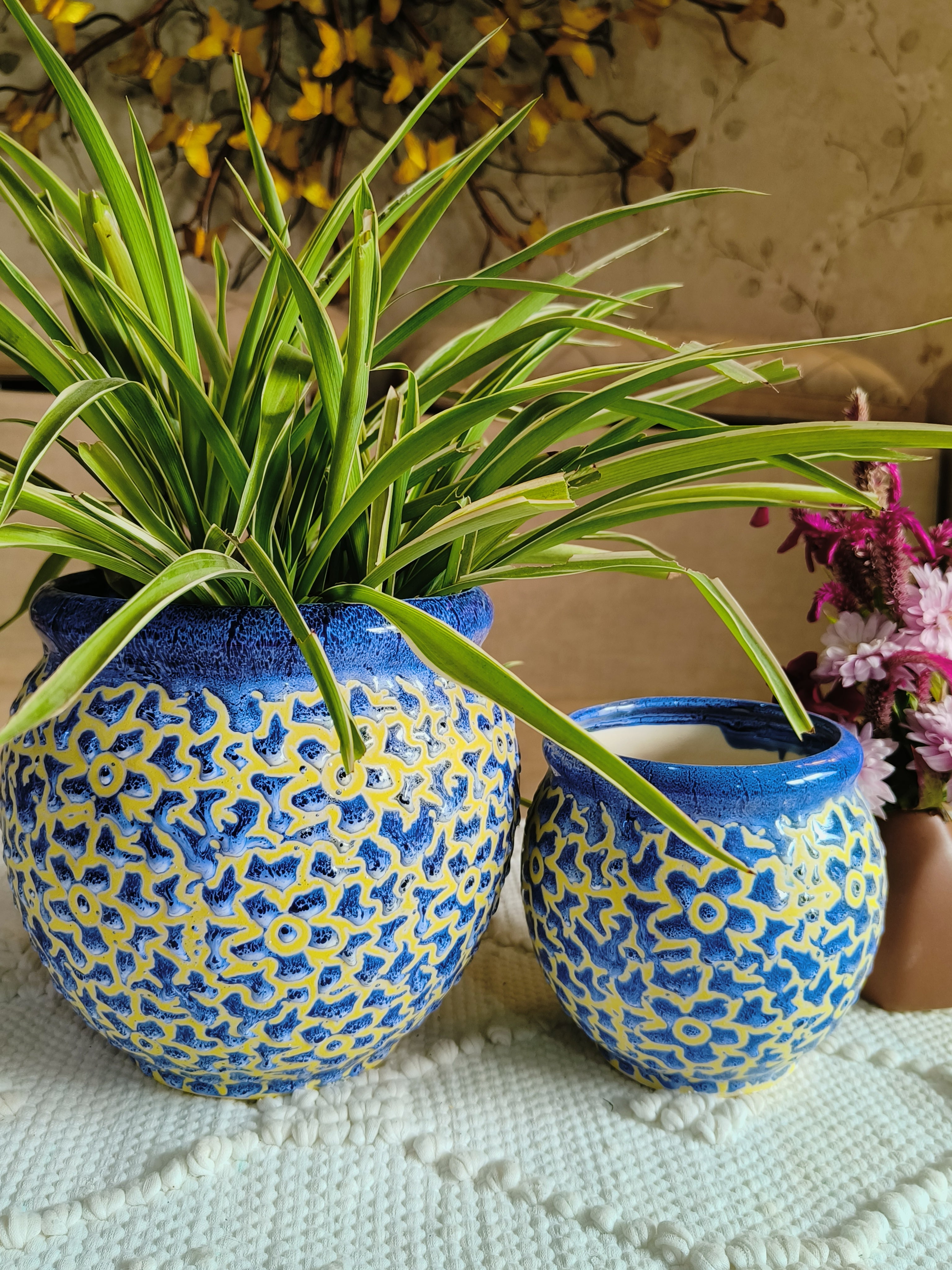 ceramic plant pots online india Drop Texture Handmade Combo Ceramic planters pot Size- 20 cm and 15 cm – Niyara
