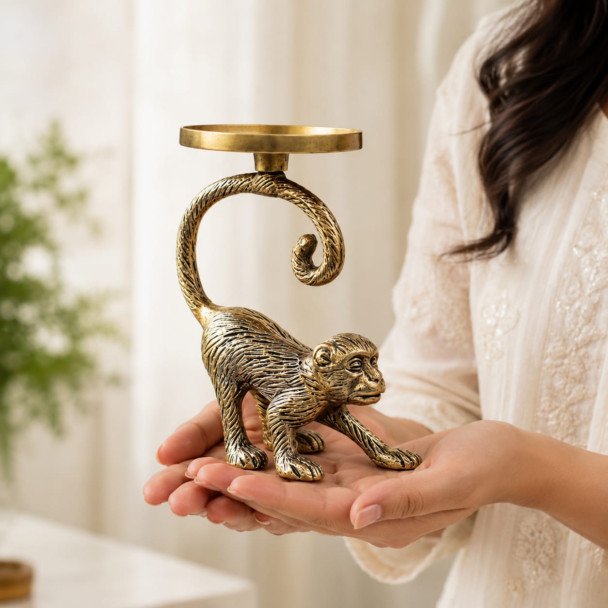 Niyara Brass Monkey Candle Holder | Decorative Golden Metal Tealight & Pillar Candle Stand | Vintage Tabletop Home Decor | Living Room, Dining, Festive & Gift