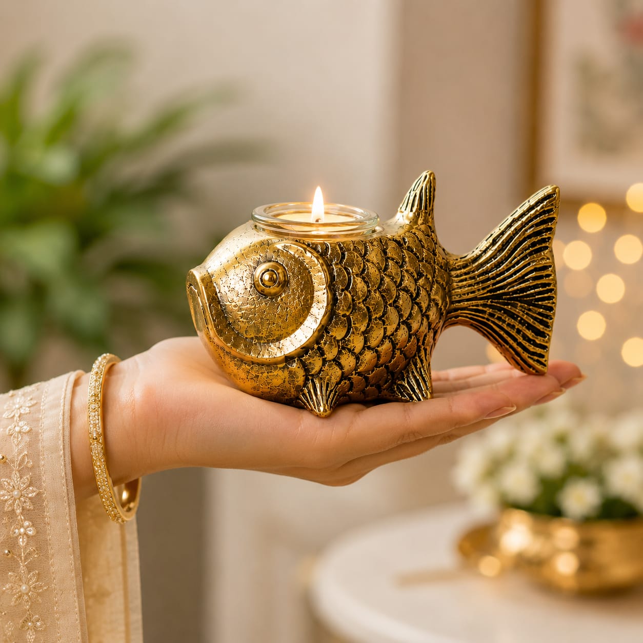 Niyara Decorative Fish Tealight Candle Holder | Antique Gold Metal Candle Stand with Glass Cup | Tabletop Home Decor for Living Room, Bedroom, Dining Table | Diwali, Wedding & Housewarming Gift
