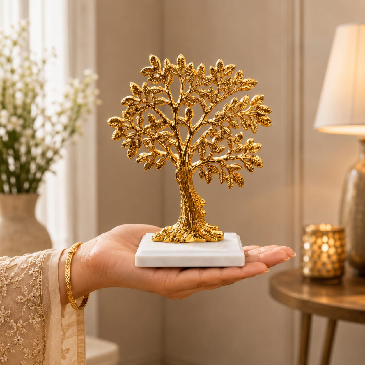 Niyara German Silver Tree of Life Showpiece with Marble Base | Decorative Tabletop Home Decor | Silver Finish Vastu Tree | Living Room, Office & Housewarming Gift