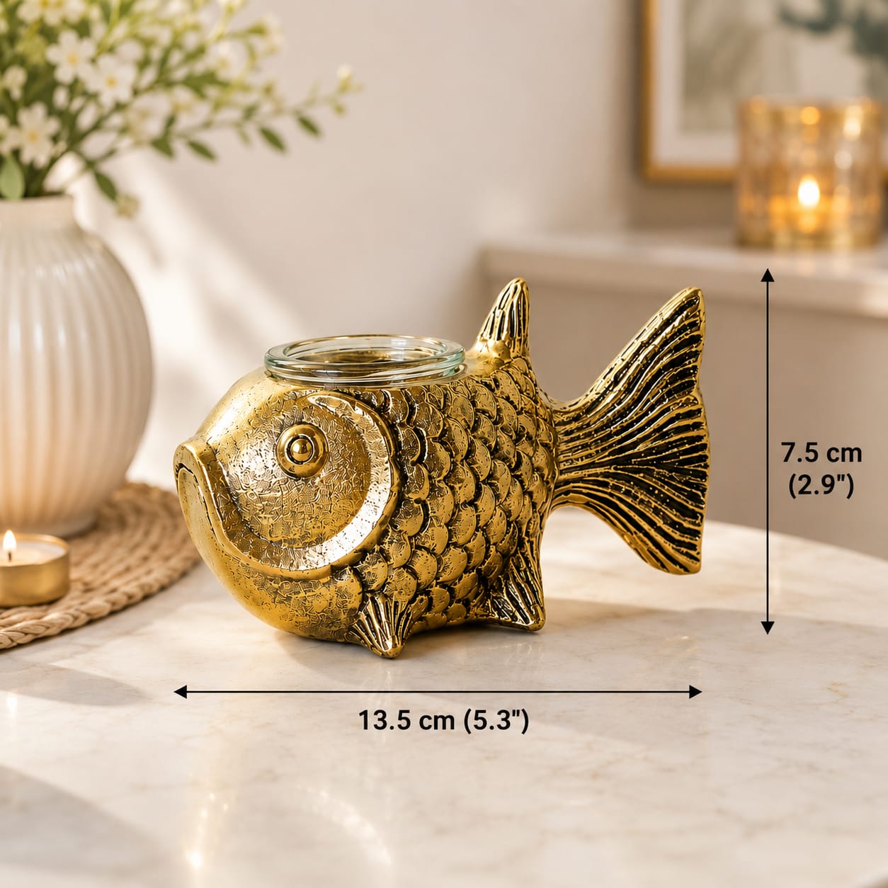Niyara Decorative Fish Tealight Candle Holder | Antique Gold Metal Candle Stand with Glass Cup | Tabletop Home Decor for Living Room, Bedroom, Dining Table | Diwali, Wedding & Housewarming Gift
