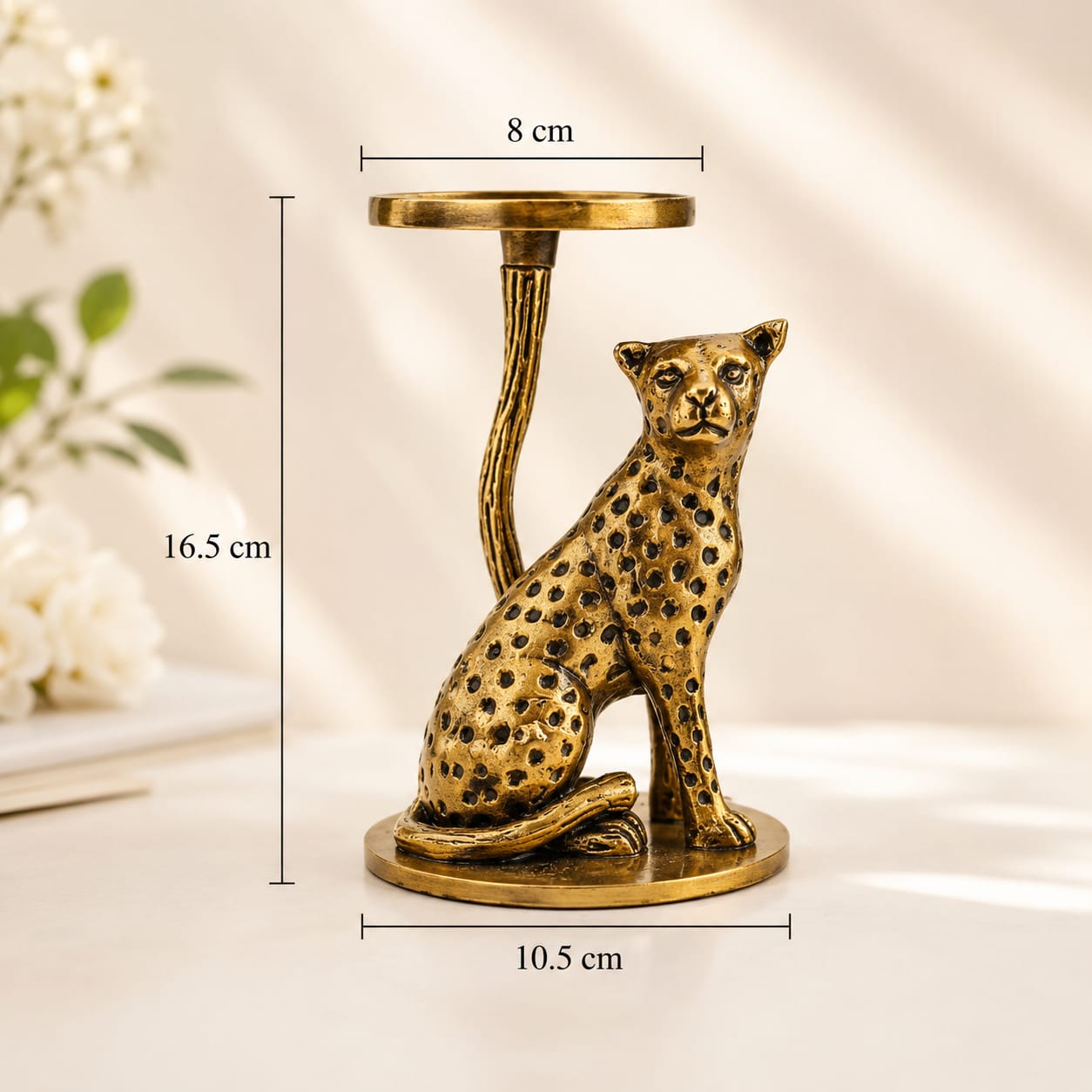 Niyara Leopard Pillar Candle Holder | Decorative Metal Cheetah Candle Stand | Antique Gold Finish | Tabletop Home Decor for Living Room, Dining Table, Bedroom | Gift for Housewarming, Diwali & Wedding