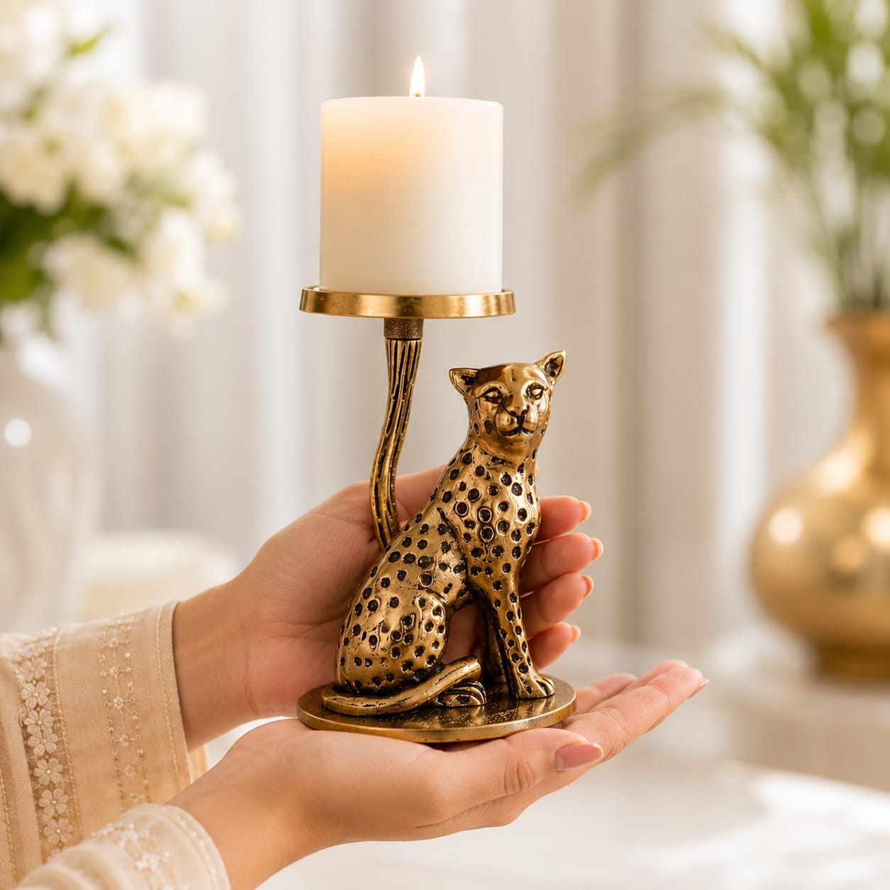 Niyara Leopard Pillar Candle Holder | Decorative Metal Cheetah Candle Stand | Antique Gold Finish | Tabletop Home Decor for Living Room, Dining Table, Bedroom | Gift for Housewarming, Diwali & Wedding