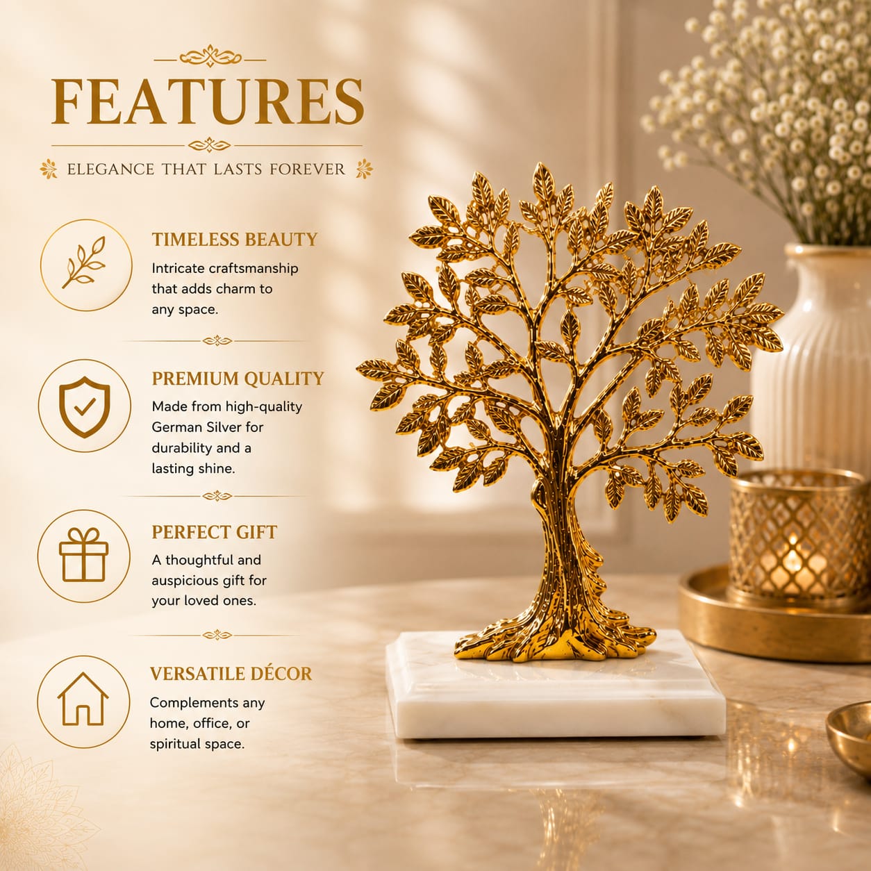 Niyara German Silver Tree of Life Showpiece with Marble Base | Decorative Tabletop Home Decor | Silver Finish Vastu Tree | Living Room, Office & Housewarming Gift