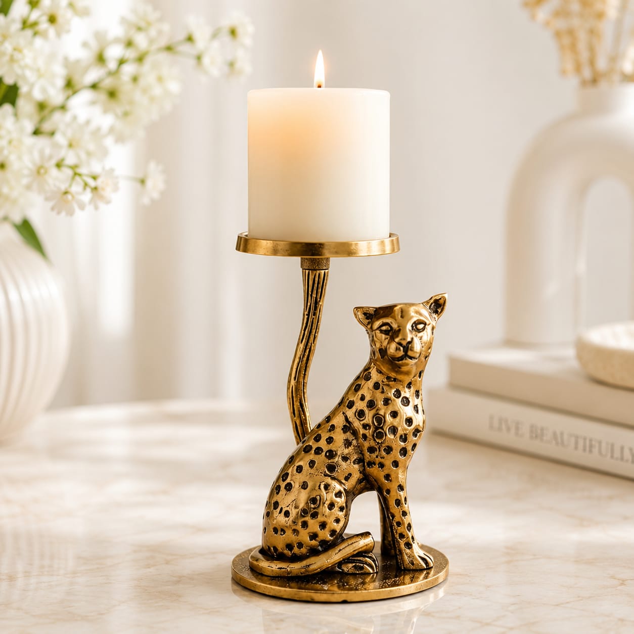 Niyara Leopard Pillar Candle Holder | Decorative Metal Cheetah Candle Stand | Antique Gold Finish | Tabletop Home Decor for Living Room, Dining Table, Bedroom | Gift for Housewarming, Diwali & Wedding