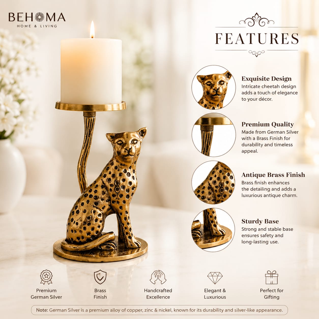 Niyara Leopard Pillar Candle Holder | Decorative Metal Cheetah Candle Stand | Antique Gold Finish | Tabletop Home Decor for Living Room, Dining Table, Bedroom | Gift for Housewarming, Diwali & Wedding