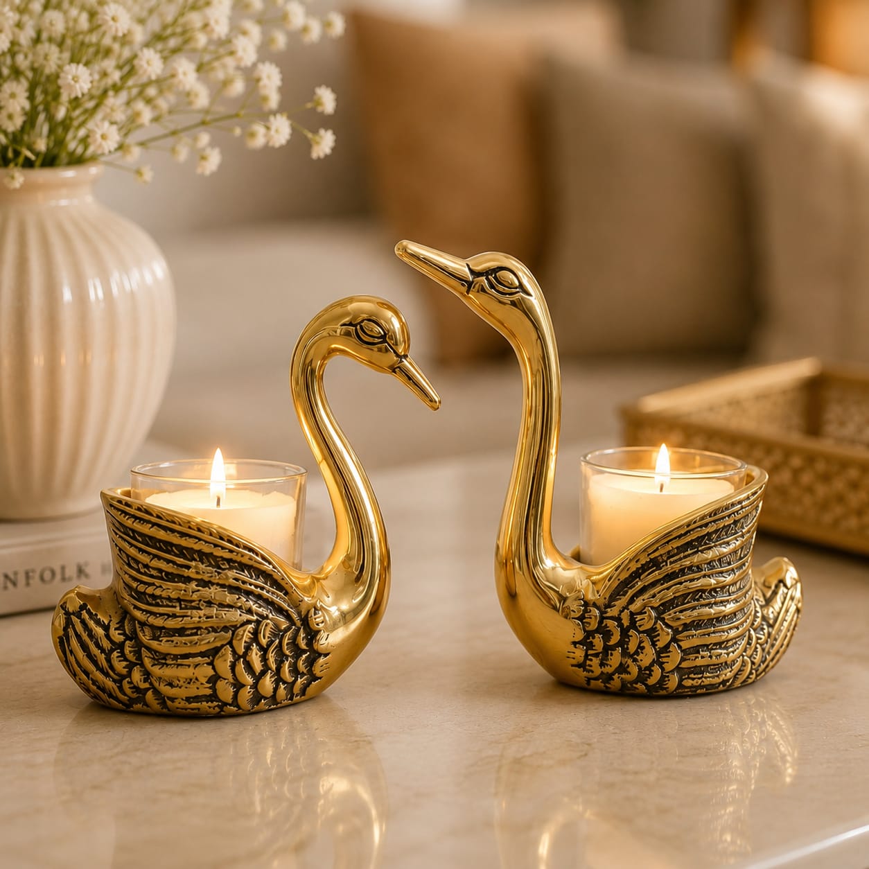Niyara Golden Swan Tealight Candle Holders Set of 2 | Decorative Metal Candle Stand for Home Decor | Luxury Table Centerpiece for Living Room, Dining Table, Bedroom, Diwali & Wedding Decoration