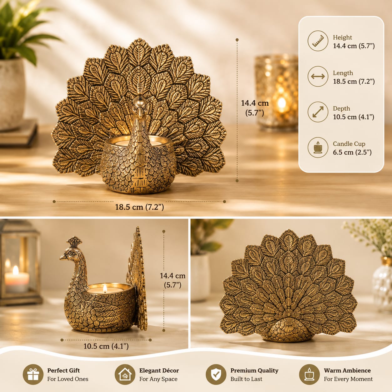 Niyara Brass Peacock Tealight Candle Holder | Decorative Golden Metal Peacock Candle Stand | Tabletop Home Decor | Living Room, Diwali & Housewarming Gift