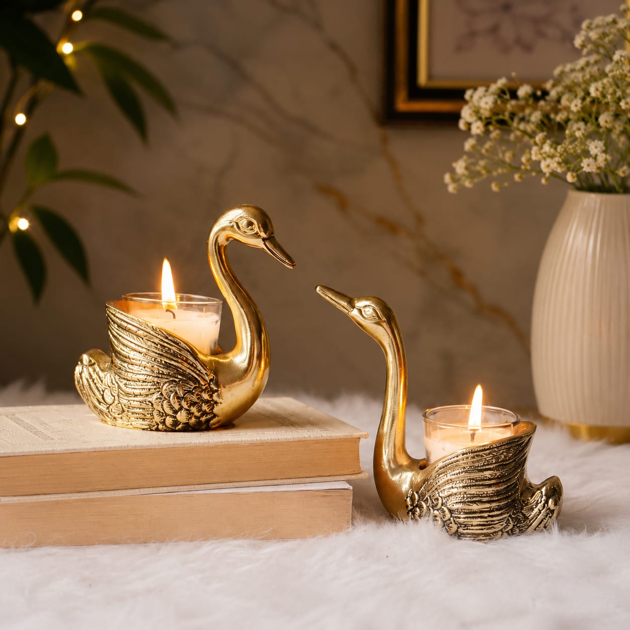 Niyara Golden Swan Tealight Candle Holders Set of 2 | Decorative Metal Candle Stand for Home Decor | Luxury Table Centerpiece for Living Room, Dining Table, Bedroom, Diwali & Wedding Decoration
